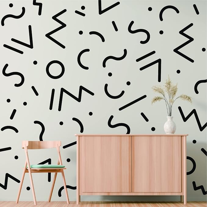 Black Memphis Style Wall Decals, 80s Retro Geometric Wall Décor | Stunning Memphis shapes for a bold 80s accent wall. Peel and stick matte vinyl stickers for home, office, dorm, bathroom. by SHYJSHYJINSPIRED-PEELSTICK
