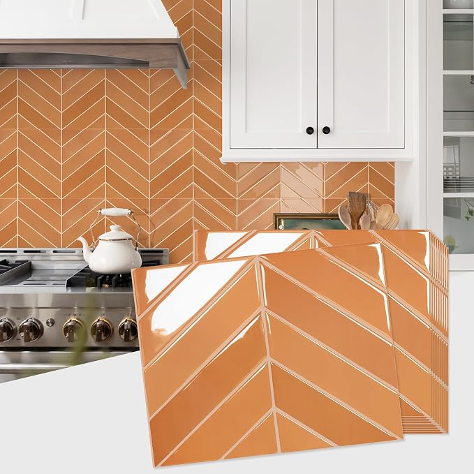 STICKGOO Herringbone Peel and Stick Backsplash, Orange, 10 Sheets | 12.6 x 9.7 in, Thicker Rectangular Vinyl Stick-On Wall Tiles, Easy Alignment, Waterproof, Easy to Clean, Kitchen/Bathroom by STICKGOO