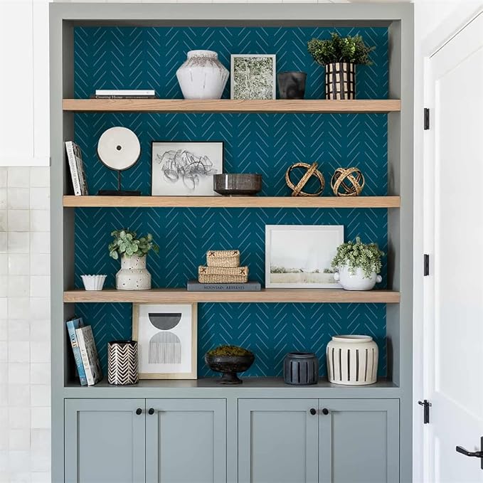 Orainege Blue Peel and Stick Wallpaper Navy Wallpaper Self Adhesive | 17.7 in x393.7 in Blue Contact Paper Herringbone Geometric Wallpaper Peel and Stick Removable Vinyl Wall Paper for Bathroom - Image 5