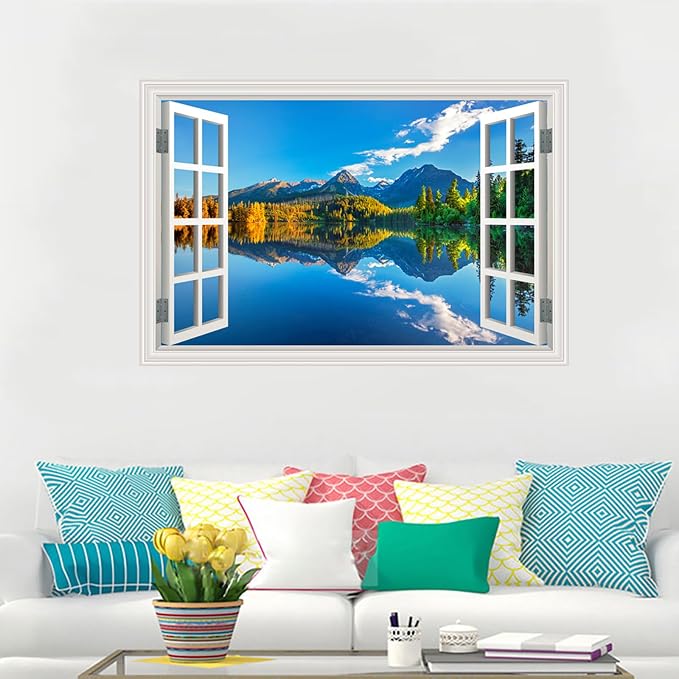 Fake Window Wall Decal- Summer Mountains Lake Forest Open Art Sticker | Faux Window Natural Scenery Landscape Mural ｜ Stick and Peel Wall Decals｜Room Bedroom Office Decor｜48"x32",Set of 2 Sheets - Image 2
