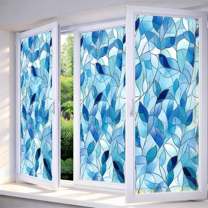 IVN Stained Glass Window Film Blue Leaf Pattern 17.7 x 39.3 Inch by IVN