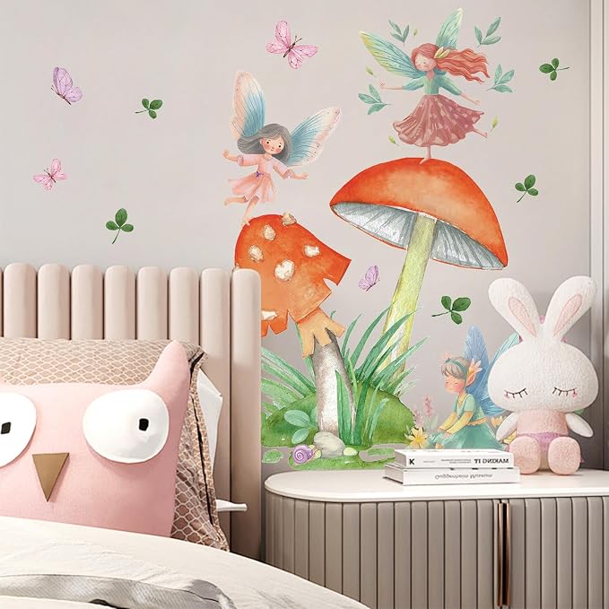 LHIUEM Girls Fairy Wall Decals Butterfly Wall Stickers 39pcs Flowers Wall Decal for Girls Room Removable Vinyl Decals Dacing Girl Mushroom Wallpaper Forest Fairy Girl Wall Sticker for Bedroom Nursery - Image 2