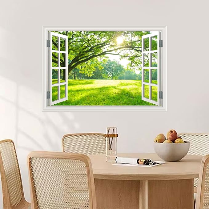 Fake Window Wall Mural Green Forest Tree Wall Art Poster Faux Window Wall Sticker for Office Home Room Decor, Peel and Stick Wall Decals 48" x 32" Set of 2 Sheets - Image 4