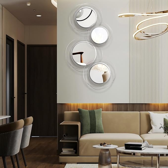 Hicarer 4 Pcs Decorative Wall Mirror Round Modern Mirror Circle Mirror Wall Art Ring Metal Mirror Wall Decor Wall Mounted Mirror for Bedroom Living Room Entryway Dining Room Hallway (Silver) - Image 6