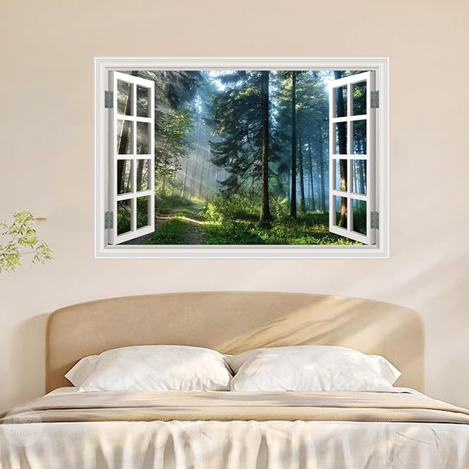 Fake Window Poster Wall Decal - Morning Forest Faux Window Wall Mural Prints for Wall Decor, Peel and Stick Wall Sticker 48" x 32" Set of 2 Sheets - Image 3