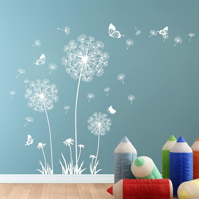 Dandelion Wall Decals Removable Flower Wall Stickers Peel and Stick Floral Butterfly Murals Dandelion Party Decoration for Bedroom Living Room Sofa Backdrop TV Dandelion Wall Decor (White) - Image 4