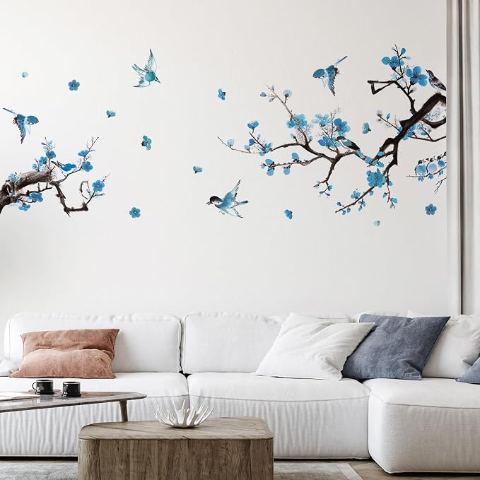 Zonon 6 Pcs Flower Wall Decals Peel and Stick Sticker, Birds | Vinyl Removable Wall Stickers & Mural, Branch and Bird Wall Decals, Blue Chinoiserie Floral Decor for Bedroom, Living Room by Zonon