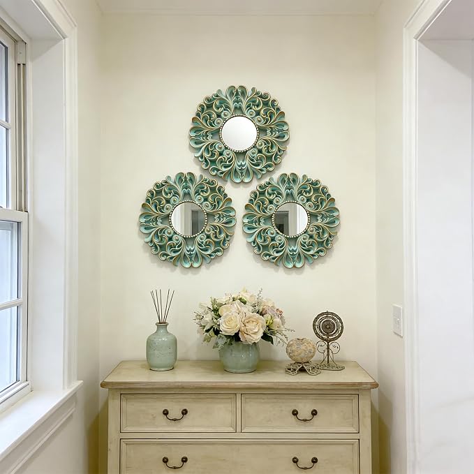DXYAKY 3 Pack Floral Ornate Decorative Wall Mirror - Elegant Mint Green with Gold Accents, 9.8" Plastic Round Mirror Set, Lightweight Wall Art Décor for Bedroom, Bathroom, Living Room & Entryway - Image 3