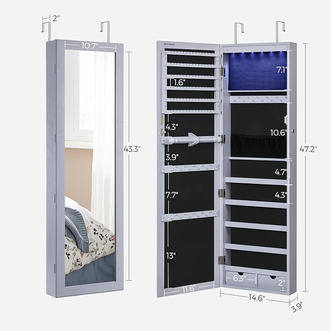 SONGMICS 6 LEDs Mirror Jewelry Cabinet, 47.2-Inch Tall, Lockable - Image 6