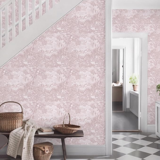 Ismoon Pink Peel and Stick Wallpaper Neutral Wall Paper 17.3in×6.56ft Vintage Removable Self-Adhesive Wallpaper Animals Jungle Contact Paper for Cabinets Bathroom Walls Covering Vinyl Roll - Image 5