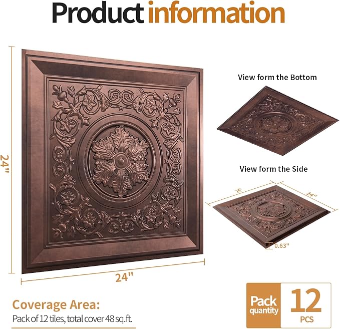 WOWSTAR 12-Pack 24"x24" 3D Drop Ceiling Tiles, Waterproof Glue up Ceiling Panels, Antique Copper | PVC ceiling panels, 24"x24", waterproof, glue-up install, basement kitchen bathroom, 12-pack - Image 4