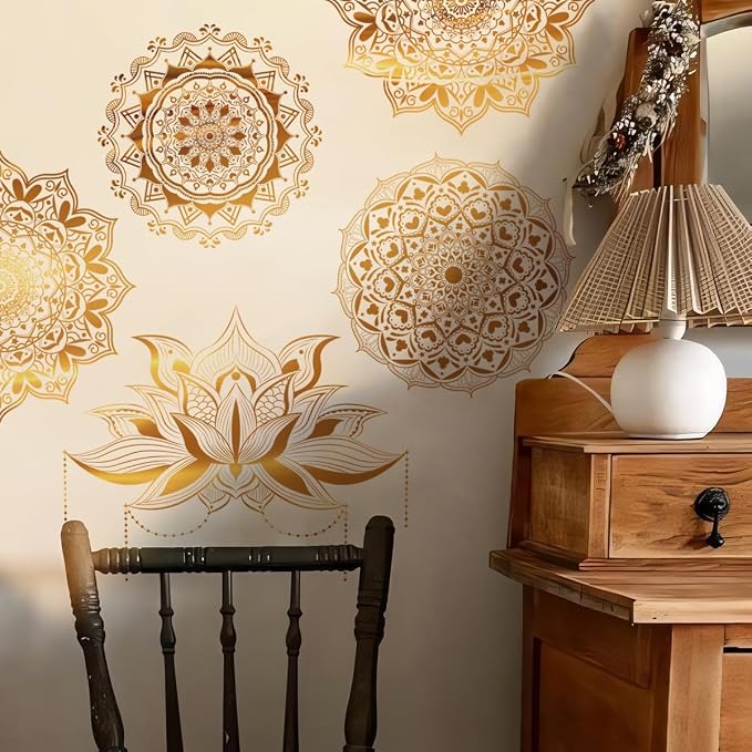 Runtoo Mandala Wall Stickers Boho Large Gold Lotus Floral Wall Decal Peel and Stick Bedroom Living Room Yoga Headboard Decor by Runtoo