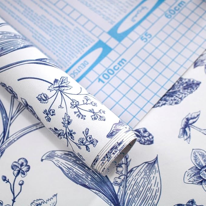 White and Blue Floral Peel and Stick Wallpaper Vintage 17in x 197in | Botanical Wallpaper Vintage Contact Paper Black Flower Removable Wall Paper for Bathroom Bedroom Boho Self Adhesive Vinyl - Image 5