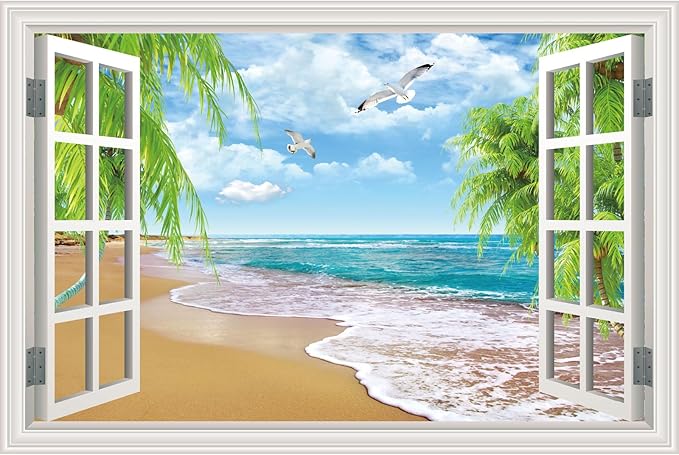 Fake Window Wall Decal- Summer Beach Ocean Coconut Trees Open Wall Sticker | Faux Window Natural Scenery Landscape Art Mural｜Stick and Peel Wall Decals｜for Room Bedroom Office Scene Picture Decor｜24"x16 by Clickhere