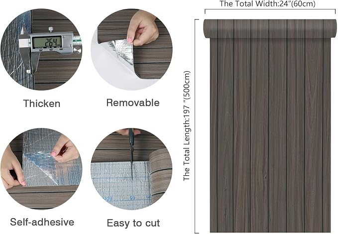 CHIHUT Large Roll Flexible Wall Panels Peel and Stick 3D Foam Wood Paneling Self Adhesive Greyish Walnut Brown Wooden Slat Wallpaper for Study Room Office Thick PVC Stick on Wall Panels 24"x197" - Image 8