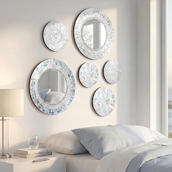 Novabright 6 Pcs Mirror Wall Decor 11.8 Inches Natural Mother of Pearl Shell Plate Coastal Wall Art Mosaic Sculpture Handmade Hanging Plates Arts for Bedroom Bathroom Home Office Hotel - Image 6
