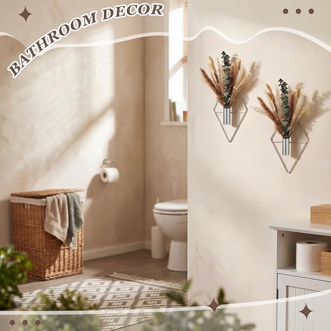Jexine 8 Pcs Hanging Artificial Planters Wall Decor, Chrome Silver, Pampas | Bathroom Wall Decor, Geometric Metal Vase, Indoor Plants, Living Room, Home Office, Entryway, Boho Accent, Wall Mounted - Image 8