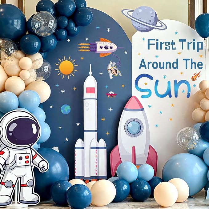 LHIUEM First Trip Around The Sun Birthday Stickers Astronaut Rocket Outer Space Murals for Baby Boy Shower 1ST Trip Around The Sun Decals Blue Planets Theme Birthday Wall Decor for Party Arch Backdrop - Image 2