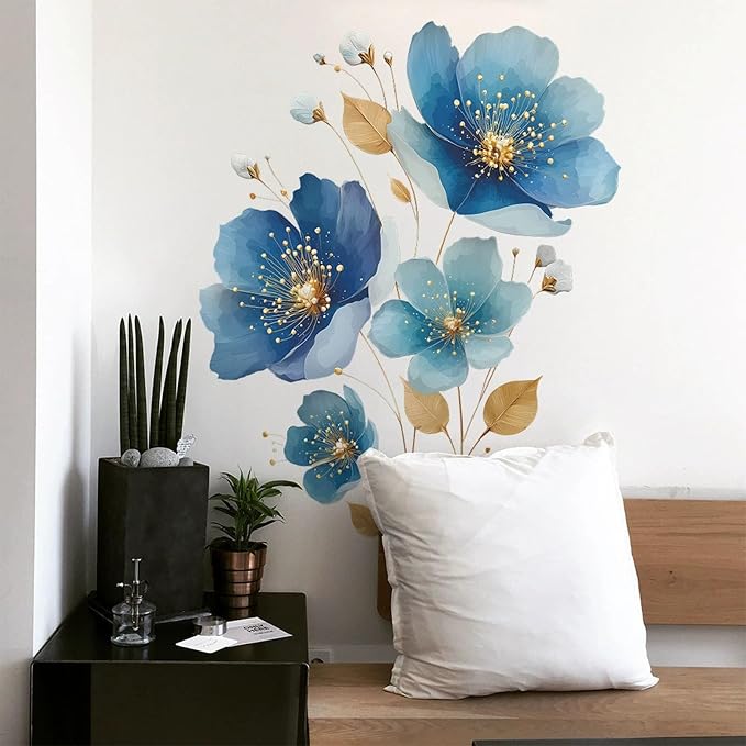 TUOKING Blue Flowers Wall Stickers Decor,Removable Wall Murals | Peel and Stick Gold Leaves PVC Wall Art Decal Home Decor for Kitchen,Bedroom,Living Room - Image 5