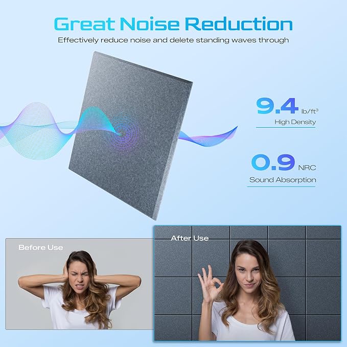 22 Pack Self-Adhesive Acoustic Panels, 12" X 12" X 0.4" High-Density Sound Proof Foam Panels for Walls, Soundproof Wall Panels for Home & Office (Light Gray) - Image 3