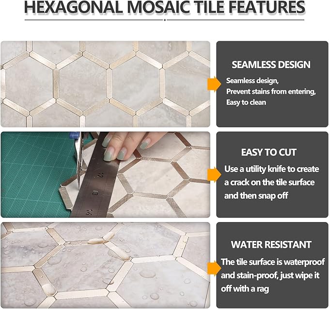 STICKGOO Hexagon Peel and Stick Backsplash Tile, Stick on Backsplash for Kitchen and Bathroom, Beige Marble Look PVC Mixed Metal Gold Self Adhesive Wall Tiles(10 Sheets, Seamless) - Image 6