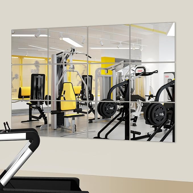 JAMBALAY Home Gym Mirrors for Gym, 12Pcs 14″×12″ Square HD Glass Full Length Wall Mirror Tiles, Self Adhesive Frameless Wall Mirror for Bedroom, Living Room, Over The Door - Image 6