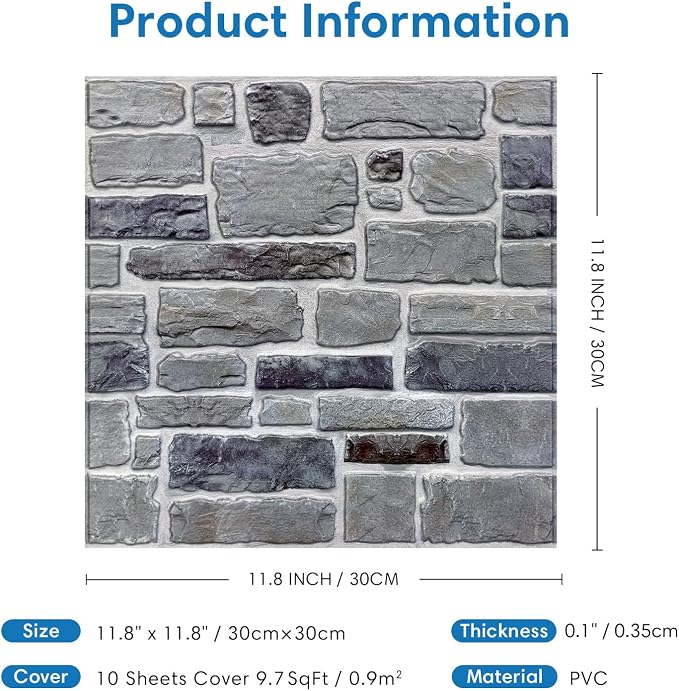 COMSTICKC 3D Peel and Stick Faux Stone Wall Panels for Quick DIY Wall Decor | Gray, 10 Pcs 11.8"x11.8", Not Real Stone, Lightweight Thin PVC Sticker Designed for Interior Wall Makeover, Cover 9.7 sq ft - Image 5