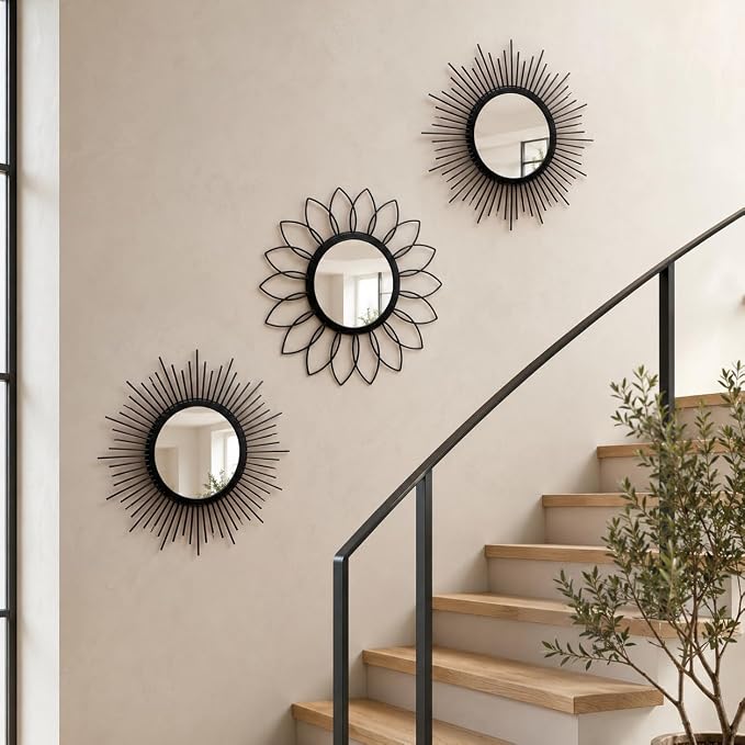 Black Sunburst Mirror 14x14 Inch, Decorative Wall Accent with Metal Frame, Small Sun Mirror for Living Room, Bedroom, Entryway, Hallway, Boho Modern Home Decor - Image 3