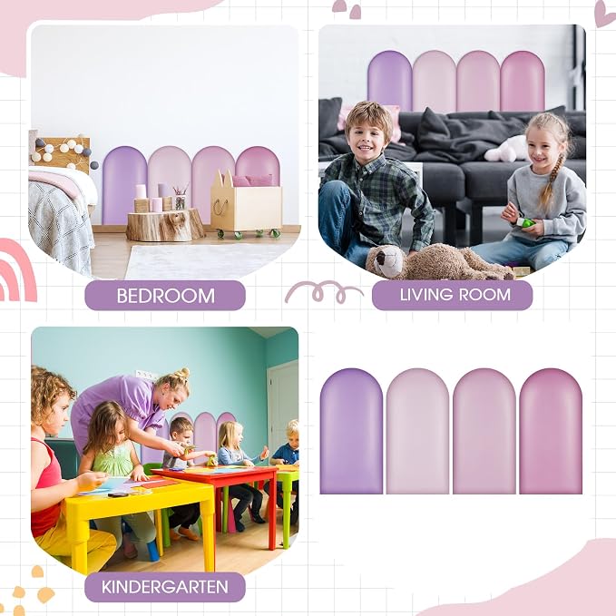 Jetec 4 Pcs Kids Wall Padding Panels, 1.18 Inch Thick Foam Wall Protector, 15.75 x 7.87 Inch Soft 3D Purple Safety Panels for Nursery & Playroom - Image 7