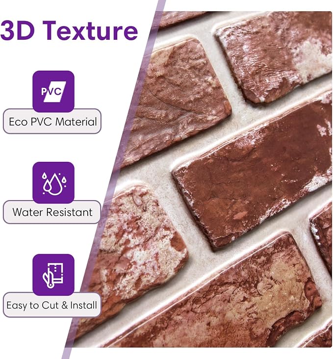 3D Peel and Stick Faux Brick Wall Panels 15.7" x 11.8" 10-Pack | Vintage Red-Brown, Brick-Look Textured Wall Sticker, Thin PVC Self Adhesive Wall Tiles for Interior Decor, Cover 12.9 sq ft - Image 3