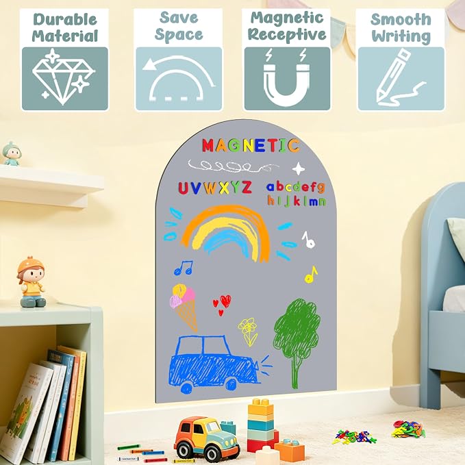 Arch Magnetic Wall Decal Magnet Board for Kids Playwall Peel and Stick Grey | Peel and stick, self adhesive, for toddler bedroom playroom homeschool decor, vinyl drawing learning, 79 magnet alphabet ABC - Image 2