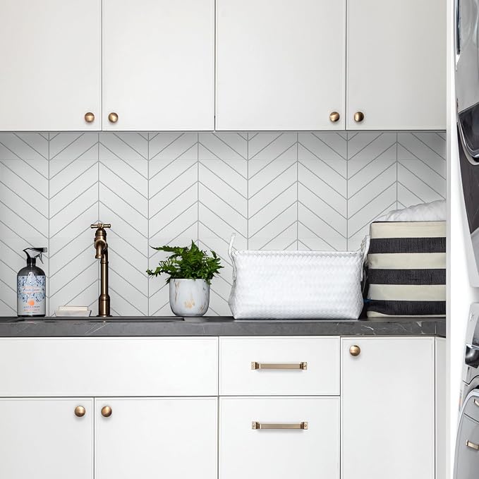 STICKGOO Herringbone Peel and Stick Backsplash, White/Grey Grout, 10 Sheets | 12.6 x 9.7 in, Thicker Rectangular Vinyl Stick-On Wall Tiles, Easy Alignment, Waterproof, Easy to Clean, Kitchen/Bathroom - Image 8