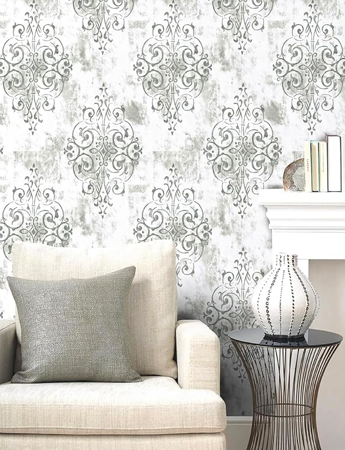 HAOKHOME White Gray Damask Peel and Stick Wallpaper Vintage Victorian | Textured Removable Wall Paper Victorian Farmhouse French Country Waterproof Neutral Brown Bathroom Bedroom 17.3in x 9.8ft - Image 5