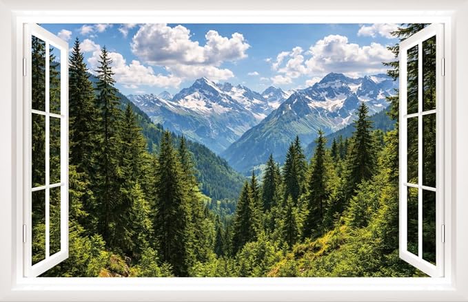 IARTTOP Fake Window View Wall Murals Stickers 33"x20.4" Snow Mountain Pine Forest Valley Landscape Wall Decal Art Large Nature Scenery Decals Decor for Bedroom Farmhouse Living Room by IARTTOP