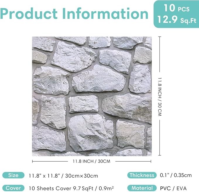 Commomy Faux Stone Peel and Stick 3D Wall Panels 10 Pcs 11.8" x 11.8" | Ultralight Thin PVC Printable Faux Rock Wall Covering Decorative Tiles for Living Room,Fireplace(Covers 9.7 sq.ft) - Image 6