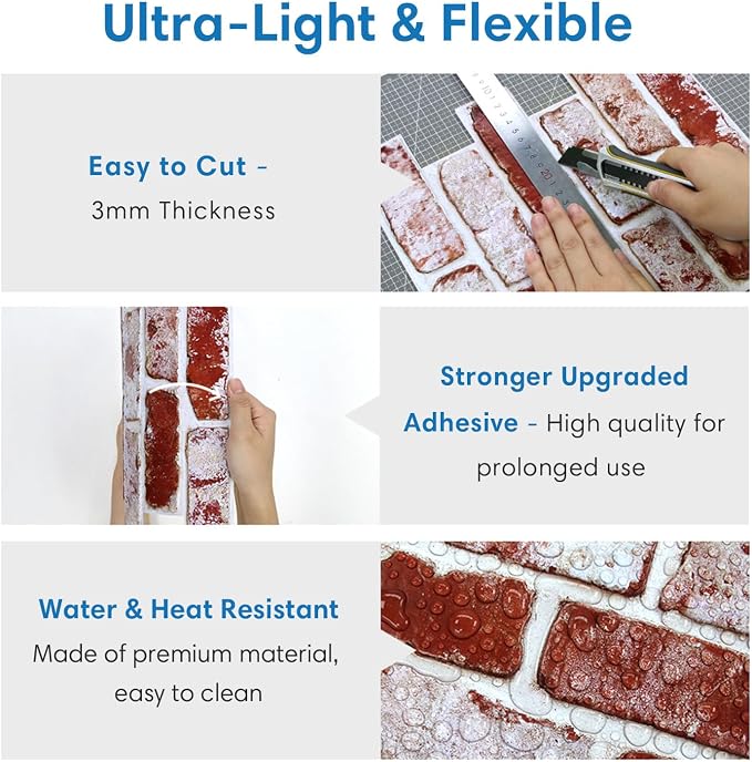 COMSTICKC 3D Faux Brick Wall Panels Peel and Stick, 10 Pcs 11.8" x 11.8" | Whitewash Red, Not Real Brick, Small Size, Ultra-Light Thin PVC, Fake Brick Decorative Tiles for DIY Decor, Cover 9.7 sq ft - Image 5