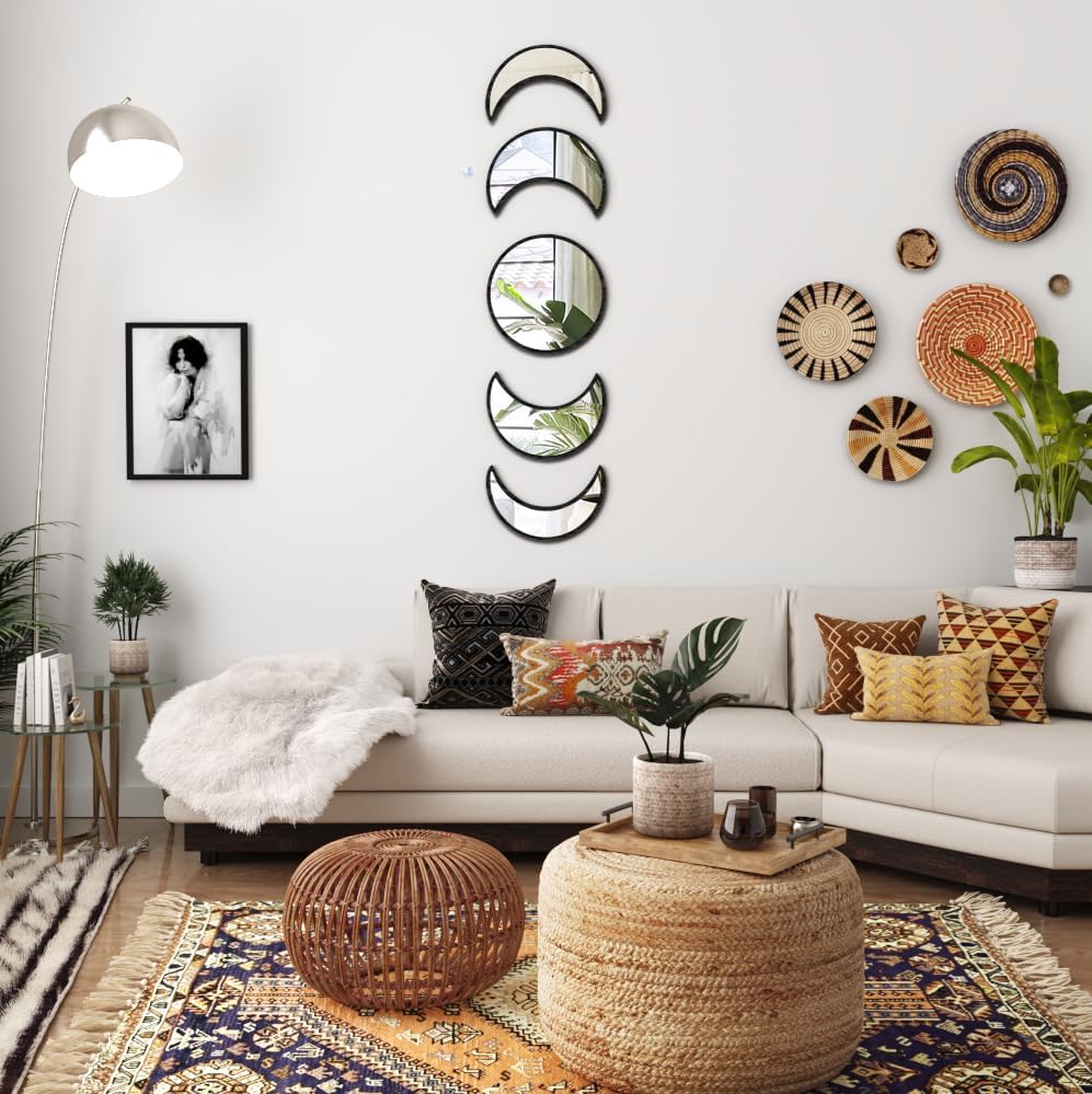 5-Piece Black Acrylic Moon Phase Wall Mirror Set - Shatterproof Safety Design, Easy Stick-On Installation, Boho Celestial Decor for Bedroom Living Room - Image 2