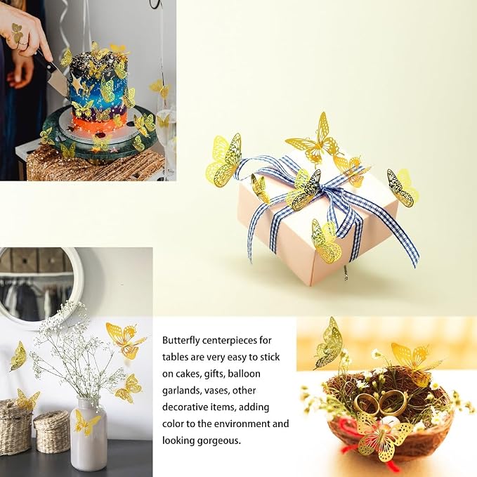 Meikeer 3D Butterfly Wall Decor 48Pcs Gold Removable Stickers Party | Gold metallic, 4 styles 3 sizes (8/10/12cm), self-adhesive, foldable 3D wings, wall, window, bedroom, wedding, party - Image 6