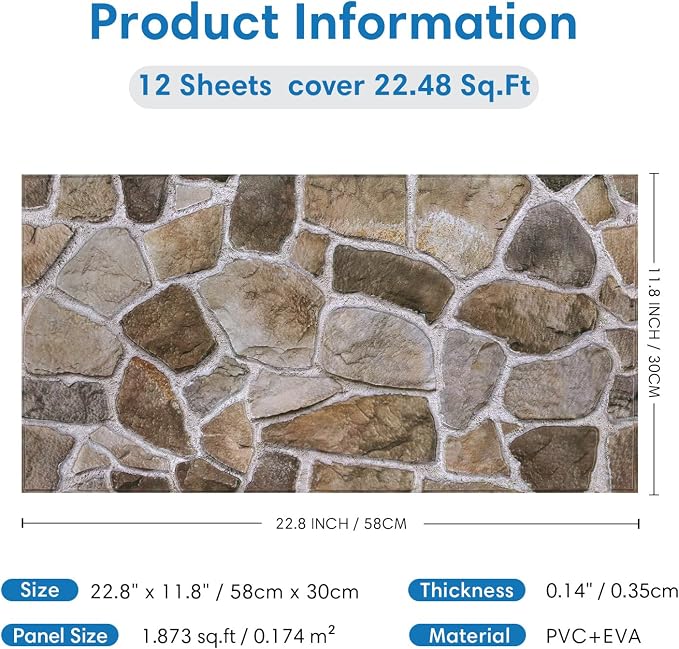 COMSTICKC 3D Faux Stone Wall Panels Peel and Stick Decorative Tiles | 12 Pcs 22.8" x 11.8", DIY UrltraLight PVC Fake Rock Wall Covering for Kitchen, Living Room Background, Covers 22.48 sq.ft - Image 5