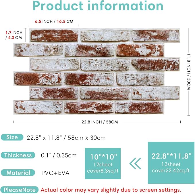 Commomy Faux Brick 3D Wall Panels Peel and Stick 12 pcs of 22.8" x 11.8" | Thin & UrltraLight PVC Printable Red Brick Wall Panels for Bedroom,Living Room,TV Background (Covers 22.48 sq.ft) - Image 6
