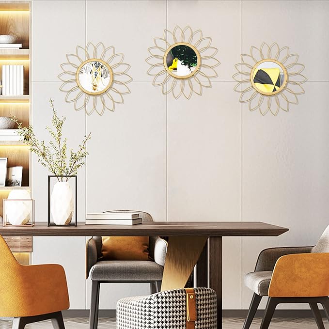 3 Pack Metal Mirrors for Wall Sunburst Wall Mirrors Home Décor Decorative Hanging Wall Art for Living Room Bedroom Entryway (Gold, Flowers) - Image 3