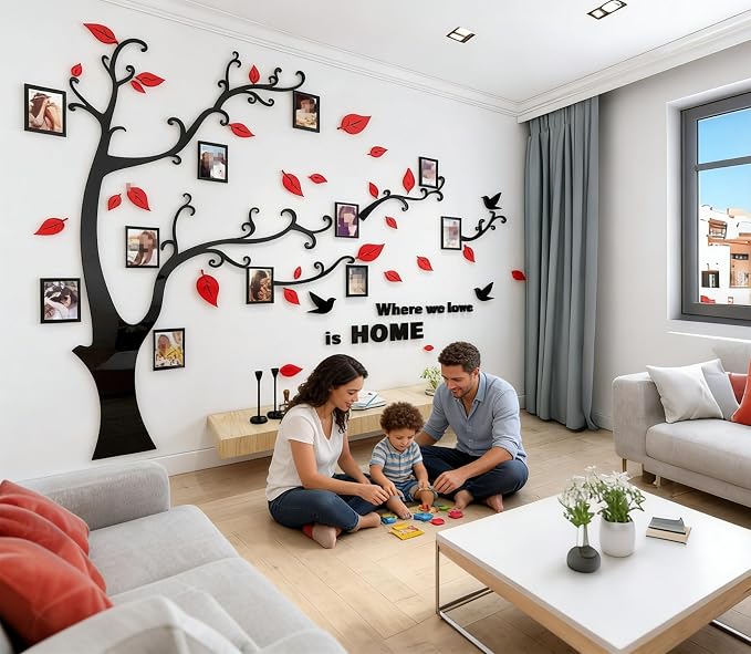 3D Tree Wall Stickers - DIY Photo Frame Tree Wall Decal Family Photo Frame Sticker Murals Wall Decor Living Room Bedroom TV Background Home Decorations (XL:109 * 79in,Red Right) - Image 2
