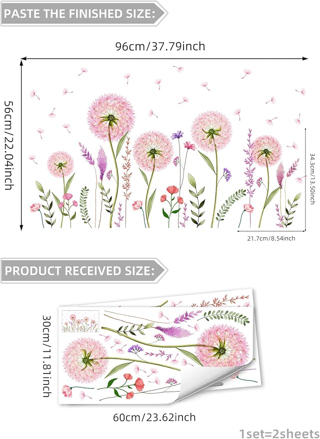 Pink Flower Dandelion Wall Stickers - Wildflower Fluffy Seed Soft Floral Wall Mural Peel & Stick Removable Wall Art Decals for Girl Bedroom Baby Nursery Kid Room,56 cm x 96 cm - Image 2