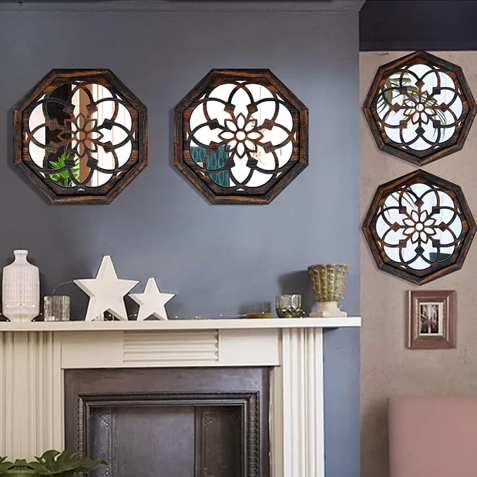 ZOLAPI 2-Piece Octagon Wall-Mounted Mirrors,Vintage Farmhouse Mirror for Wall Decor,Caramel Color Decorative Accent Mirror for Foyer, Bathroom, Bedroom. (12”x12”) - Image 3
