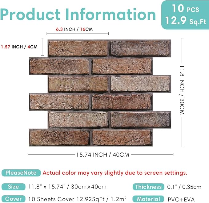 Commomy 3D Faux Brick Wall Panels -Thin Urltra PVC 10pcs 15.74" x 11.8" | Peel and Stick Brick Wall Covering for Quick DIY Interior Wall Decor,Not Real Brick (12.92 sq.ft) - Image 5