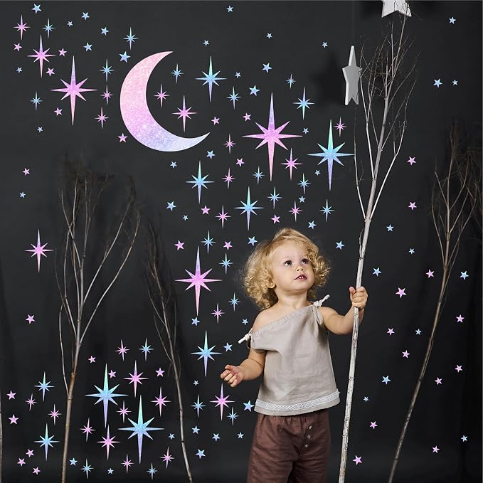 Retro Star Wall Decals Sparkle Wall Decor Stickers Rainbow Stars Moon Decal | Rainbow star room decor, peel and stick, removable vinyl art murals wallpaper, for ceiling baby kids girl bedroom living room - Image 2