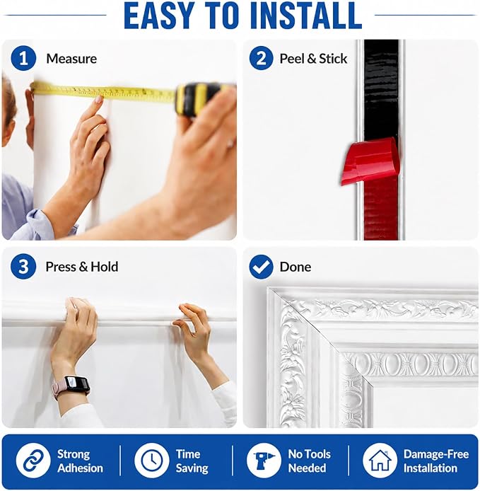 Peel and Stick Wall Molding Kit,Wainscoting Panel Accent Wall Molding Trim | 3 Set,Pattern,Self Adhesive,Paintable,PVC,Pre-Cut,Bead-24x54in - Image 8