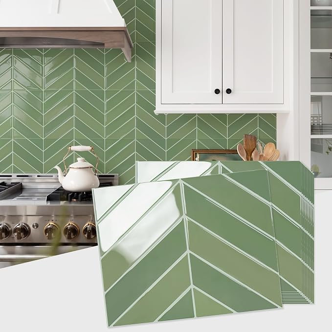 STICKGOO Herringbone Peel and Stick Backsplash, Olive Green, 10 Sheets | 12.6 x 9.7 in, Thicker Rectangular Vinyl Stick-On Wall Tiles, Easy Alignment, Waterproof, Easy to Clean, Kitchen/Bathroom by STICKGOO