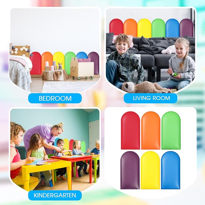 Jetec 12 Pcs Kids Wall Padding Panels, 1.18 Inch Thick Foam Wall Protector, 15.75 x 7.87 Inch Soft 3D Rainbow Safety Panels for Nursery & Playroom - Image 6