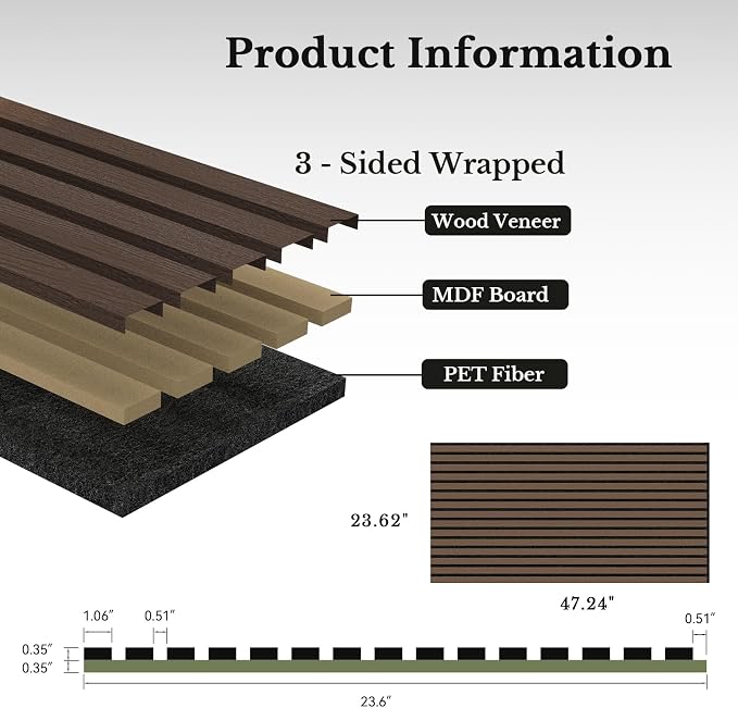 MISSDAY Wood Slat Acoustic Wall Panels, 4 Packs 47.2" x 23.6" Dark Walnut Soundproof Panel For Interior Wall Decor Noise Absorbing-3D Textured Wooden Panel Sound-Absorbing for Home, Office, Studio - Image 6